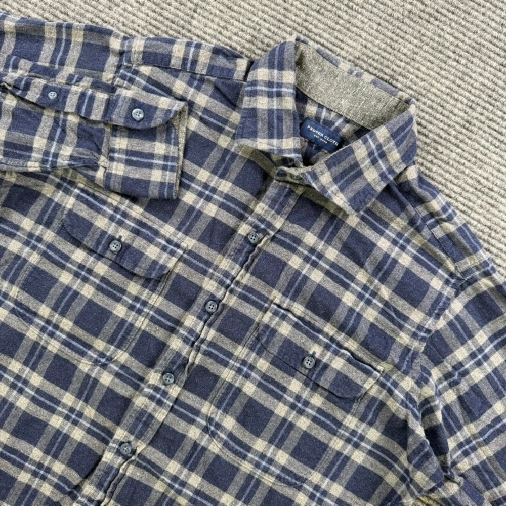 Proper Cloth Flannel Shirt Mens 17 Navy Grey Plaid Button Up Monogram BDB Sleeve